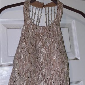 Long Formal Dress w/ Pearl, Lace, Sequin Detail